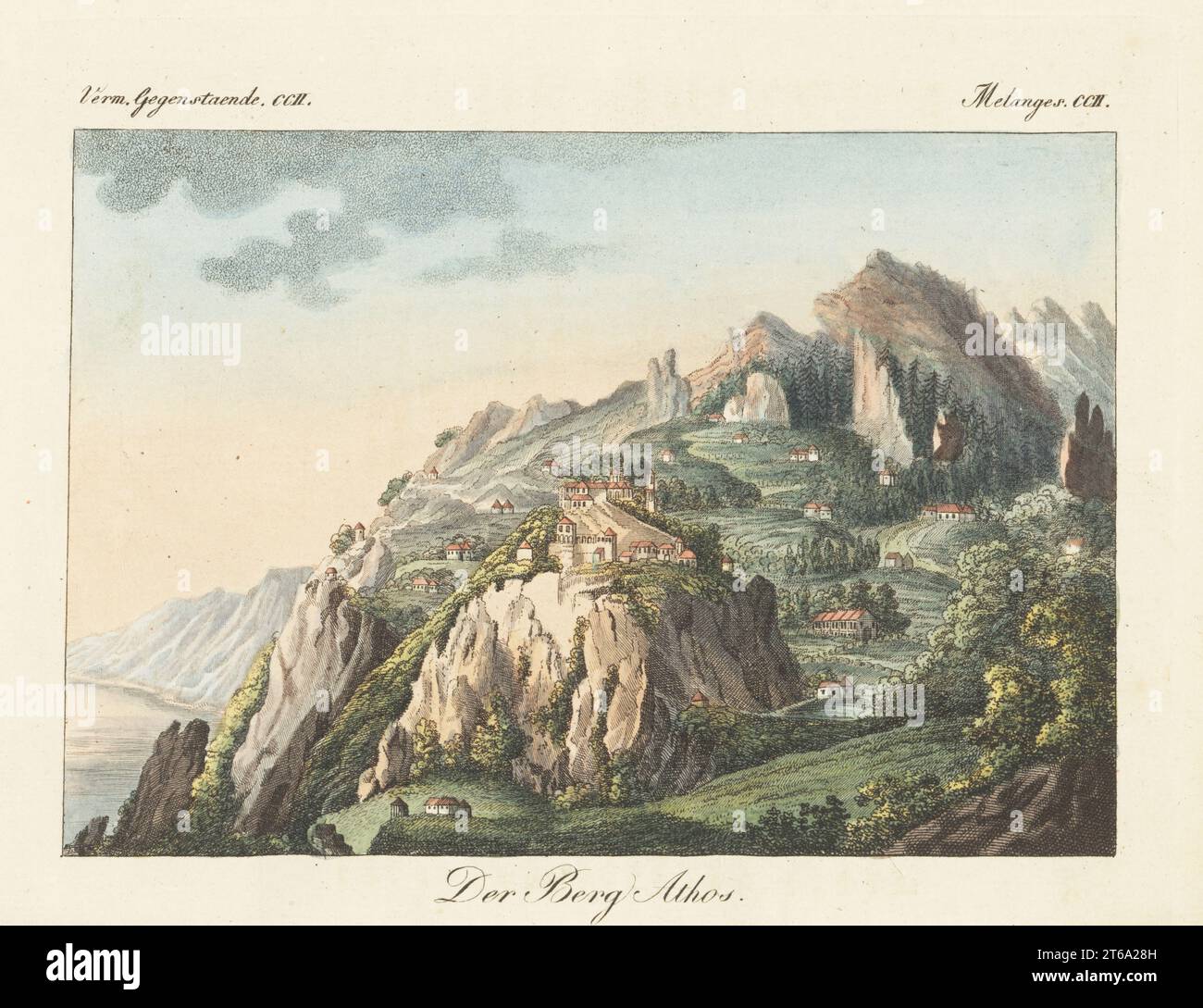 View of Mount Athos in Greece. Known as the Holy Mountain, Agios Oros, for its Eastern Orthodox monasteries Ansicht des Berges Athos. Handcoloured copperplate engraving from Carl Bertuch's Bilderbuch fur Kinder (Picture Book for Children), Weimar, 1815. A 12-volume encyclopedia for children illustrated with almost 1,200 engraved plates on natural history, science, costume, mythology, etc., published from 1790-1830. Stock Photo
