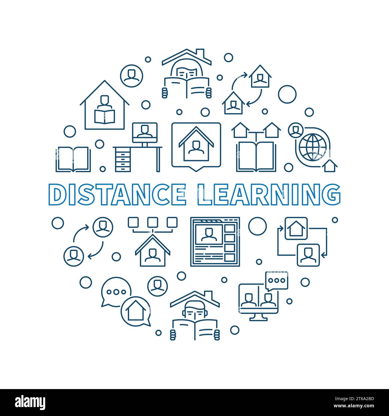 Distance Learning vector concept round illustration in outline style Stock Vector