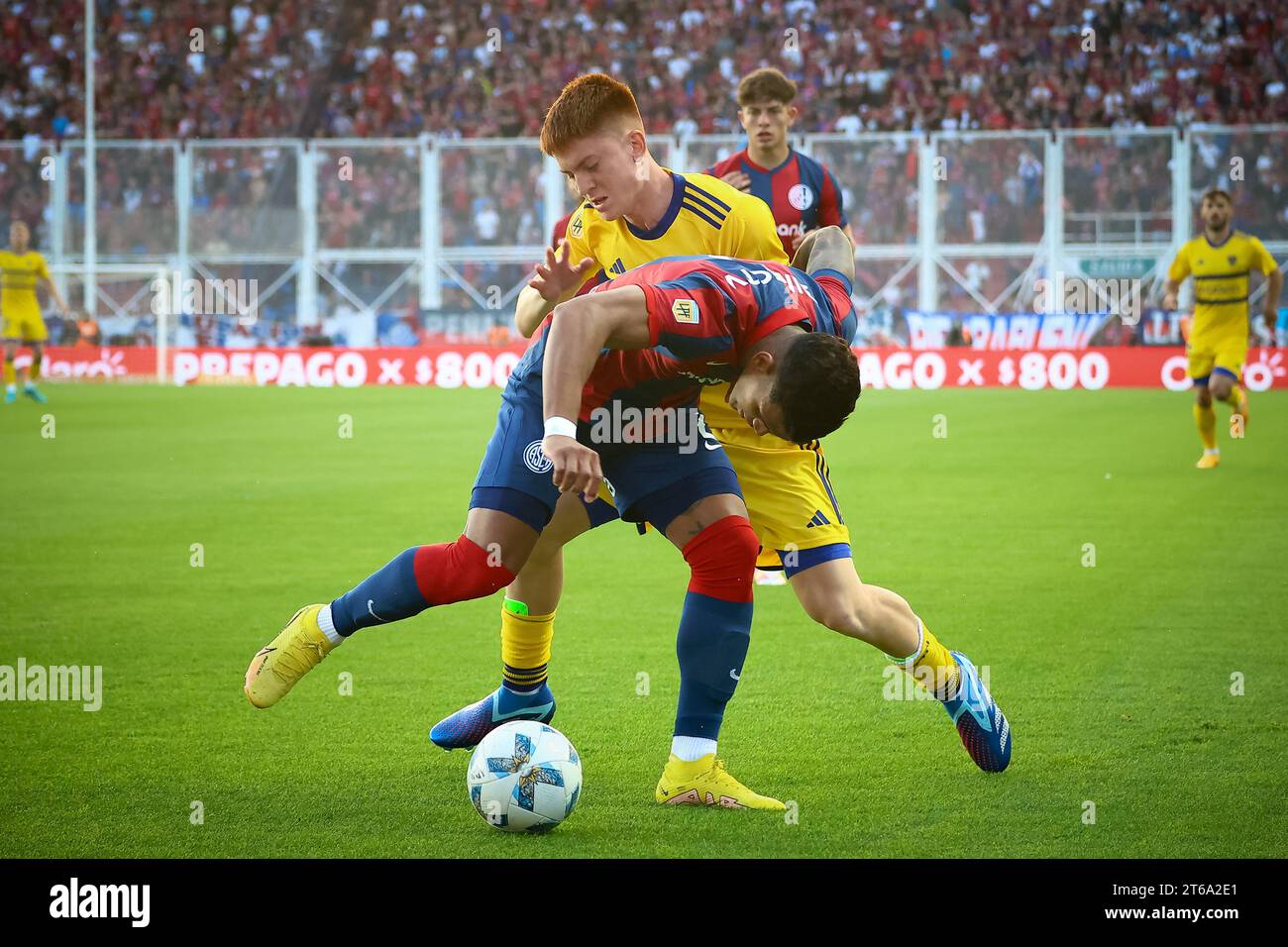 Buenos Aires, Argentina. 08th Nov, 2023. Valentin Barco of Boca Juniors (UC) and Rafael Perez of San Lorenzo (DC) seen in action during the match between San Lorenzo de Almagro and Boja Juniors as part of Copa de la Liga - Fecha 12- Zona B at Estadio Pedro Bidegain. Final Score: San Lorenzo 1 : 1 Boca Juniors. (Photo by Roberto Tuero/SOPA Images/Sipa USA) Credit: Sipa USA/Alamy Live News Stock Photo