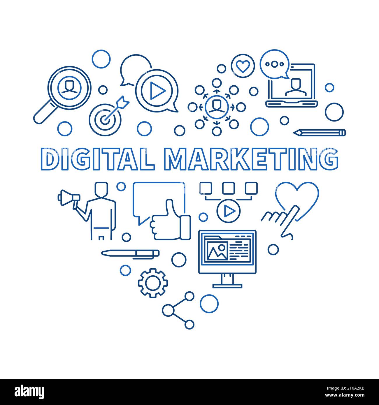 Digital Marketing vector concept blue thin line heart illustration ...