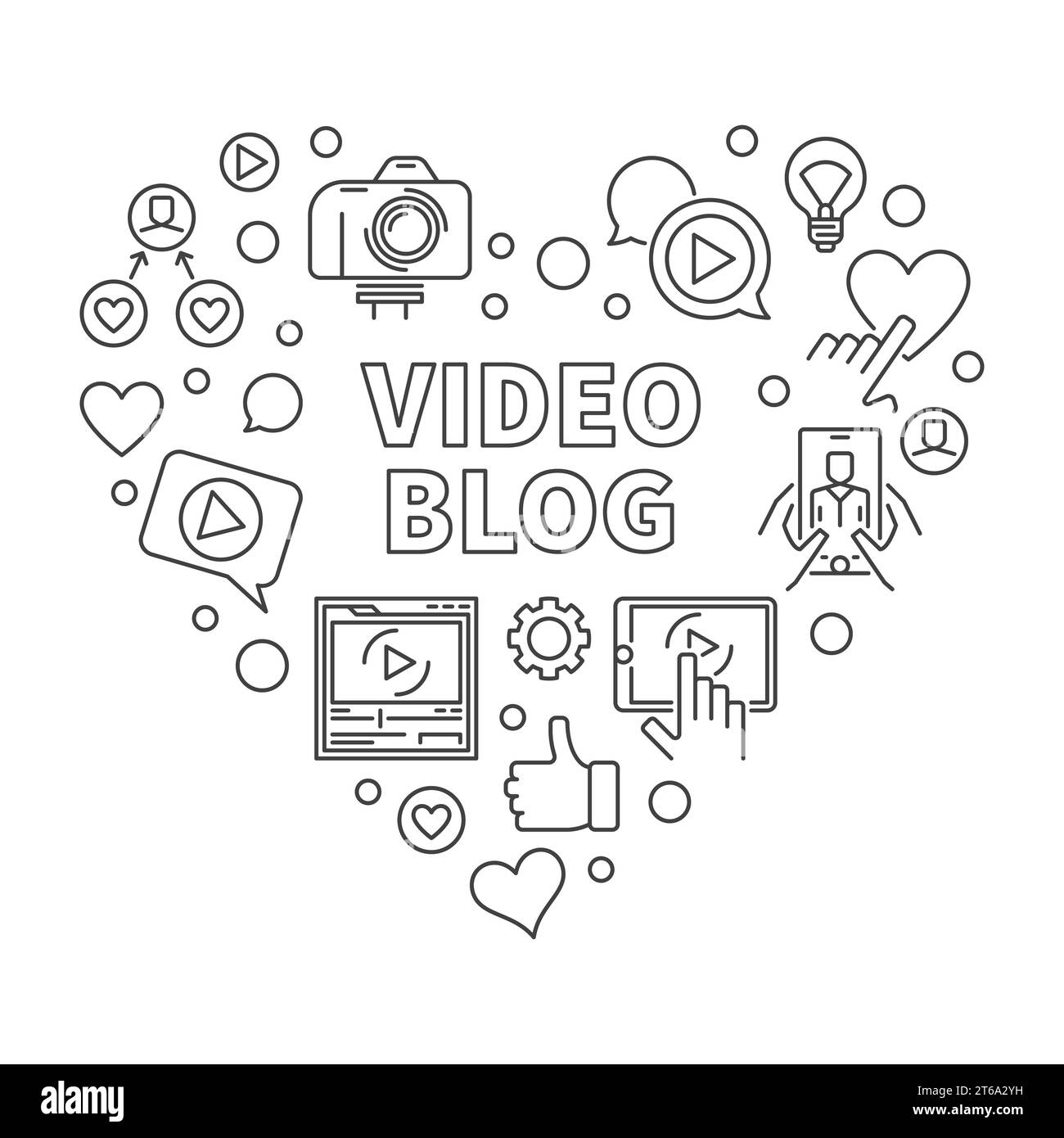 Video Blog Heart vector concept blue illustration in thin line style Stock Vector