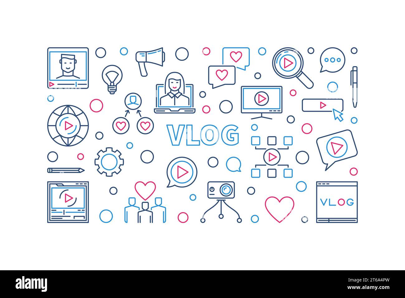 Vlog vector concept creative thin line horizontal illustration or banner Stock Vector
