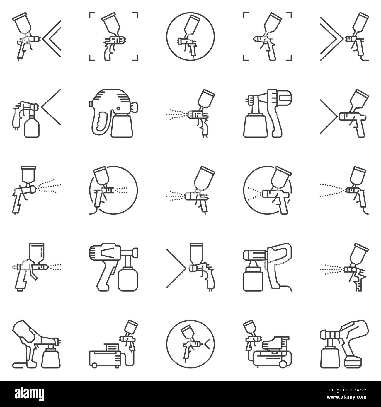 Spray Gun and Paint Sprayer outline vector concept icons set. Handheld Paint Sprayers linear signs Stock Vector