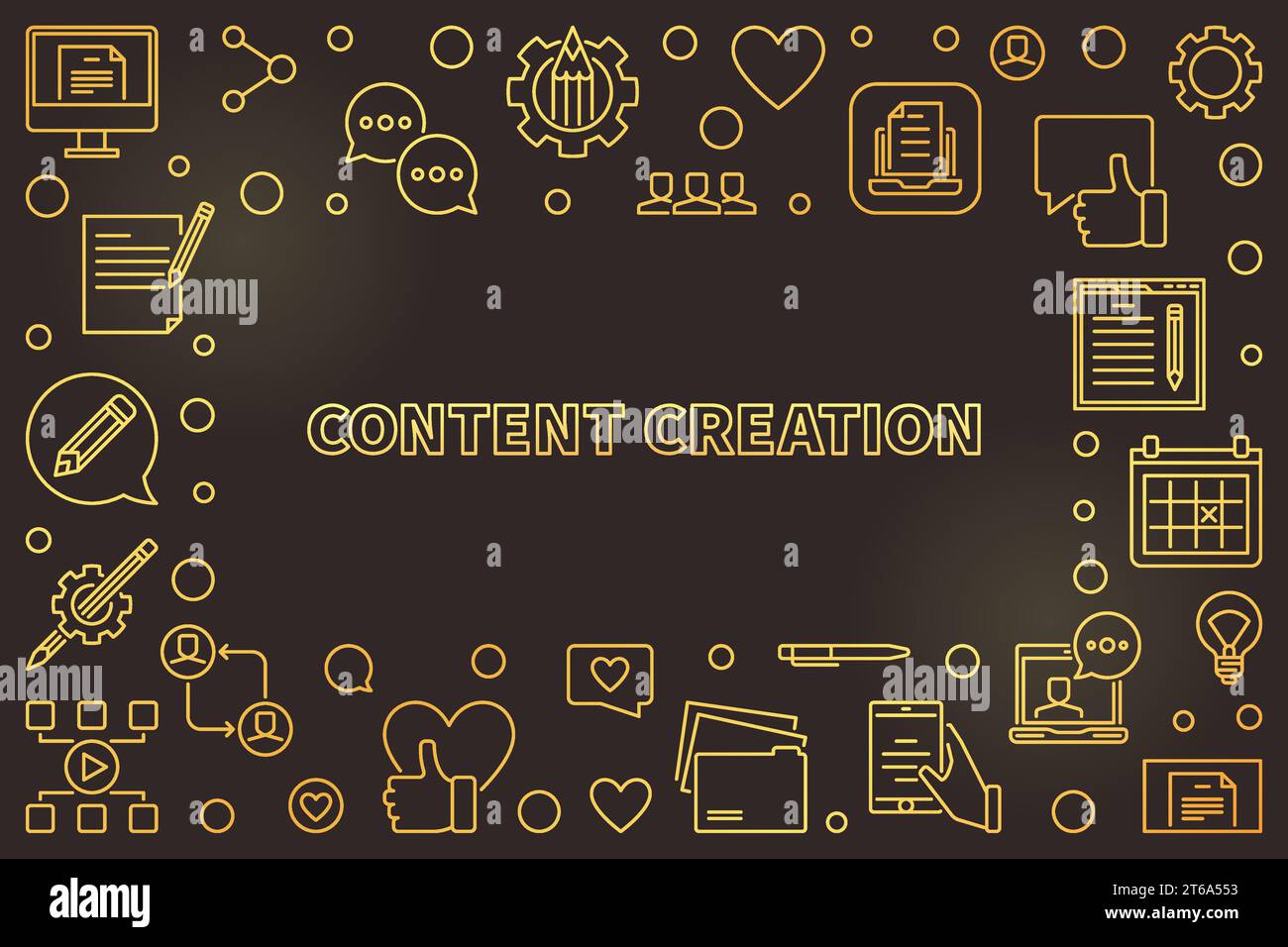 Content Creation vector golden concept thin line frame or illustration on dark background Stock Vector