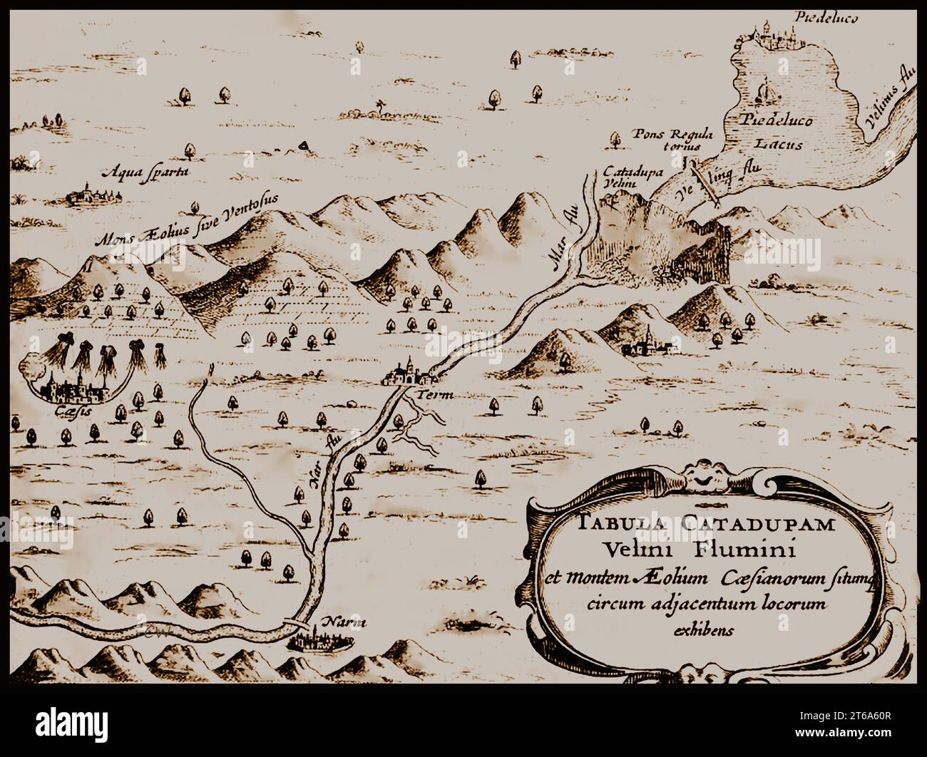 1665 a map showing the location of the  Catadupa Velini  (Velino) river valley and the Aeolian mountains.  ---  1665 una mappa che mostra l'ubicazione della valle del fiume Catadupa Velini (Velino) e delle montagne Eolie. Stock Photo