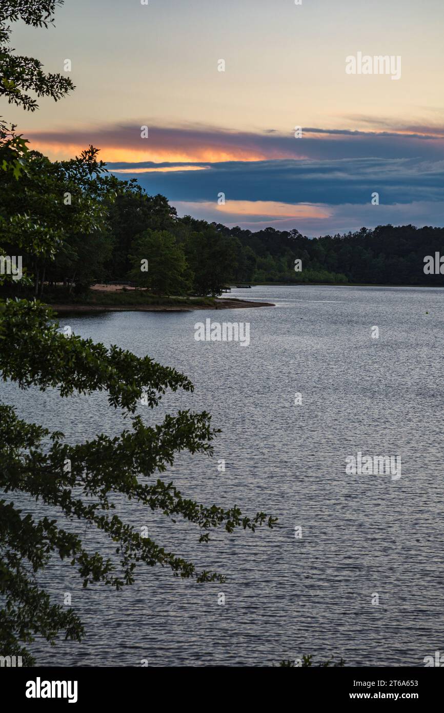 Sunset on the lake at Little Black Creek Campground and Park near Lumberton, Mississippi Stock