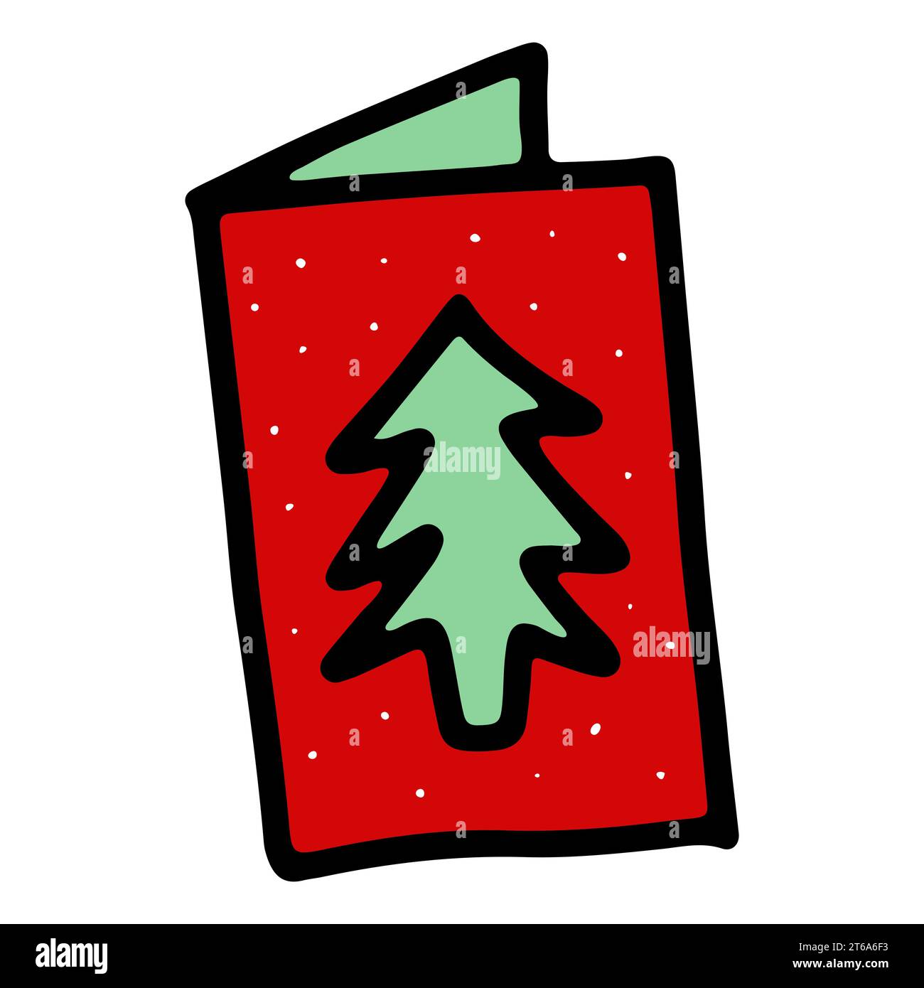 Doodle postcard with Christmas tree, snowflakes. Hand-drawn color winter card isolated on white background. Sign of congratulation, invitation, mail, Stock Vector