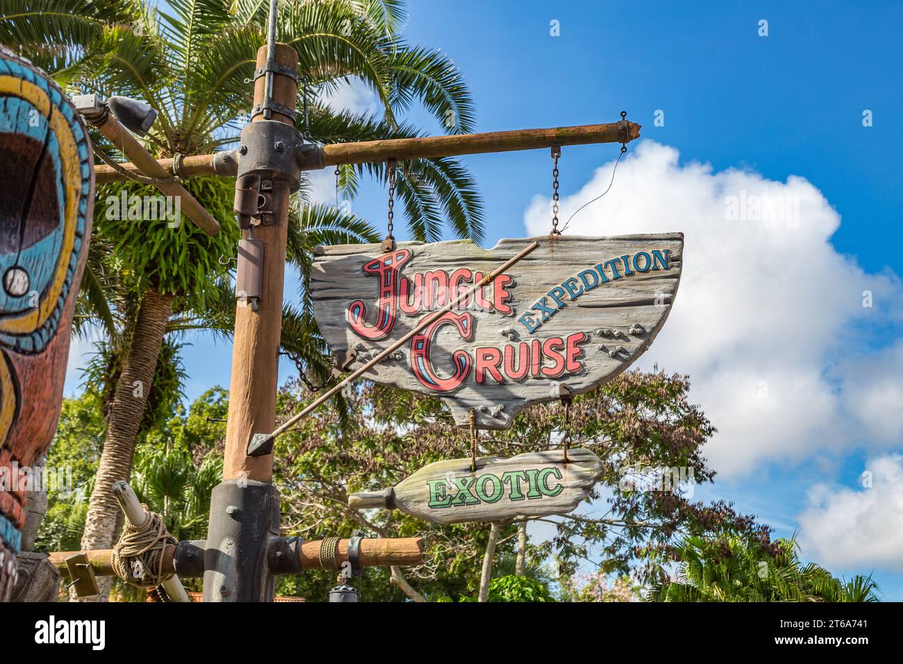Sign for the Jungle Cruise Expedition attraction in the Adventureland area of the Magic Kingdom at Walt Disney World, Orlando, Florida Stock Photo