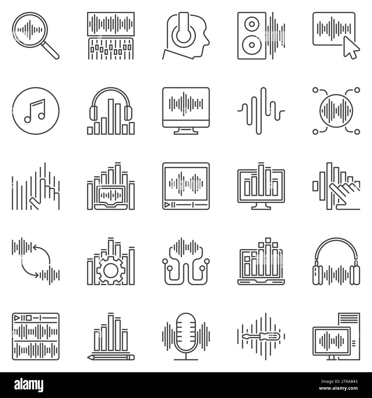 Sound Design outline icons set. Music and audio concept vector linear