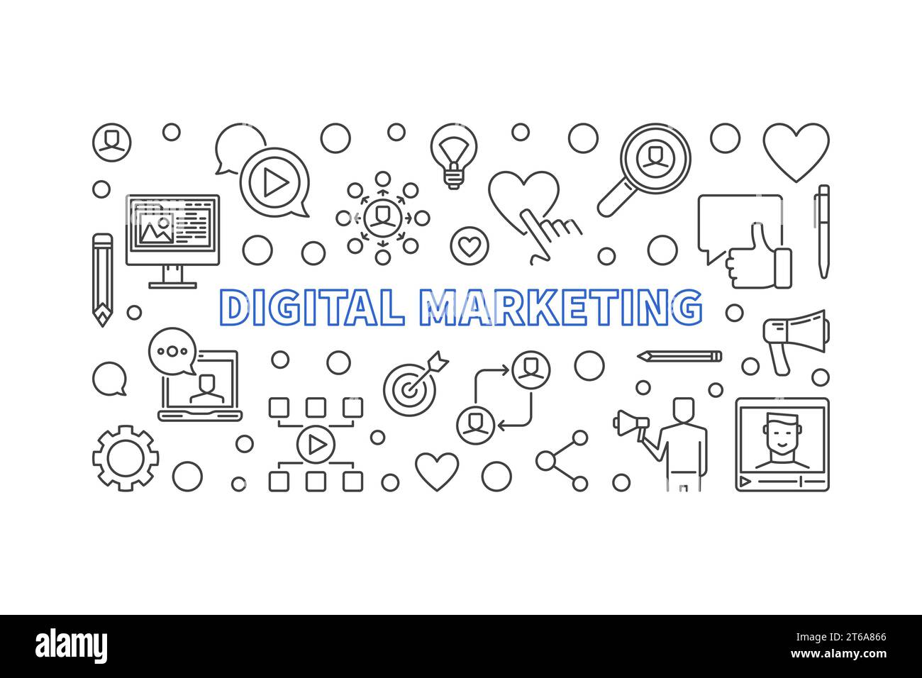 Digital Marketing concept thin line horizontal banner. Vector ...