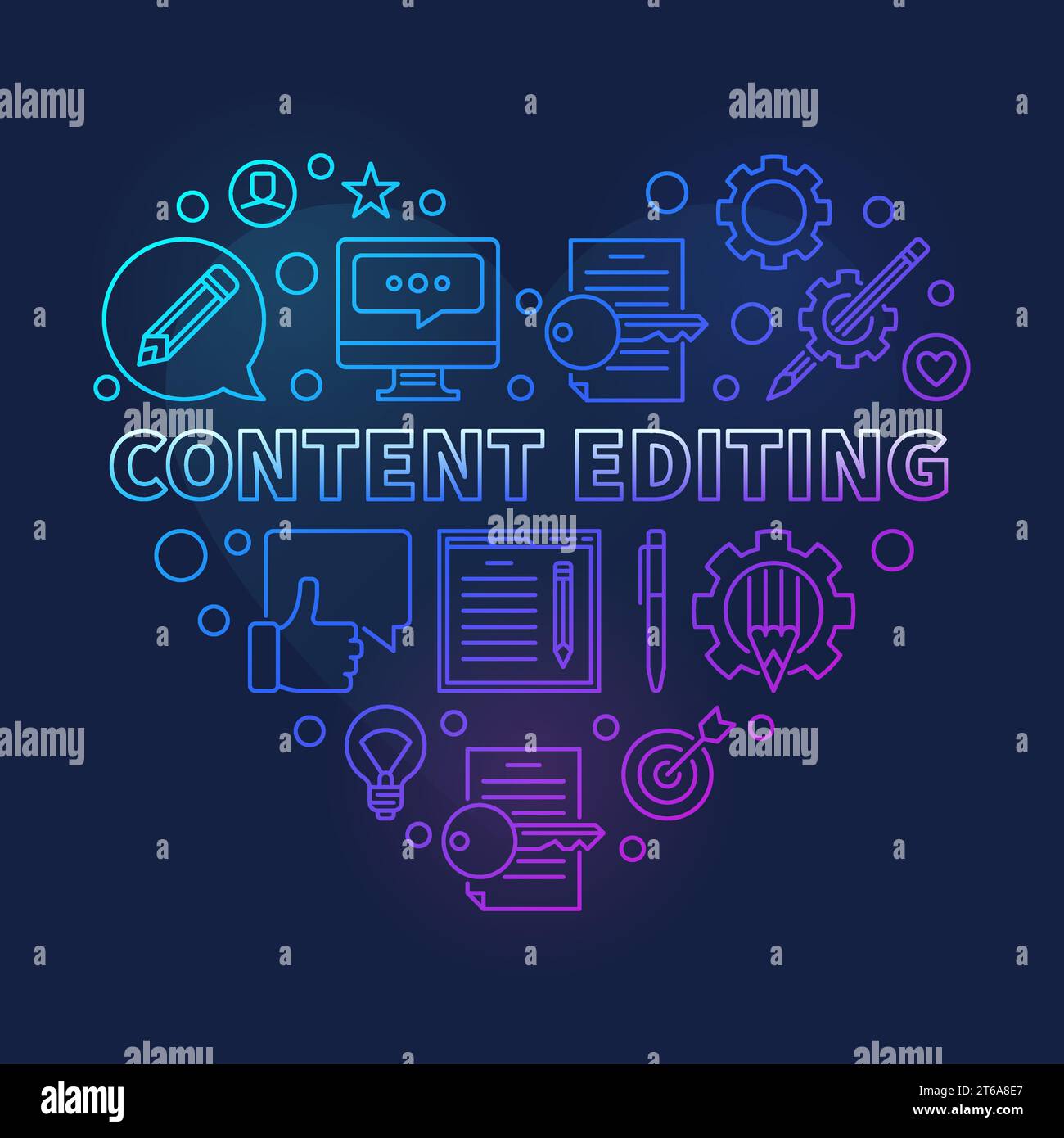 Content Editing vector concept colored linear heart illustration on dark background Stock Vector