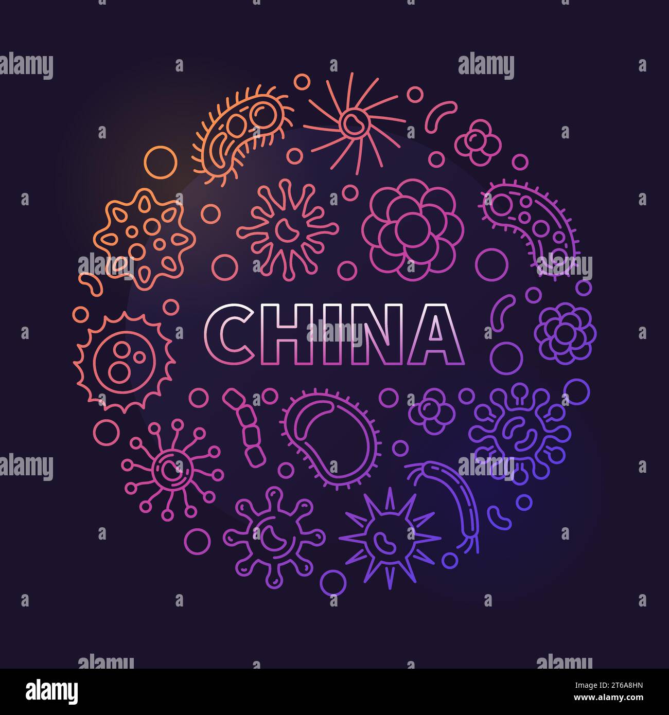 China Viruses vector concept linear colored circular illustration on dark background Stock Vector