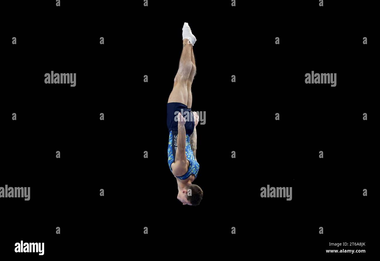 Ukraine's Anton Davydenko competes in the Men's Trampoline Qualifications during day one of the 2023 FIG Trampoline Gymnastics World Championships at the Utilita Arena, Birmingham. Picture date: Thursday November 9, 2023. Stock Photo