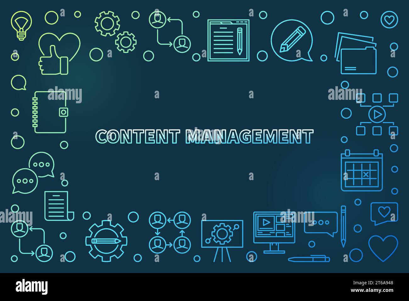 Content Management vector concept colored outline frame or illustration on dark background Stock Vector