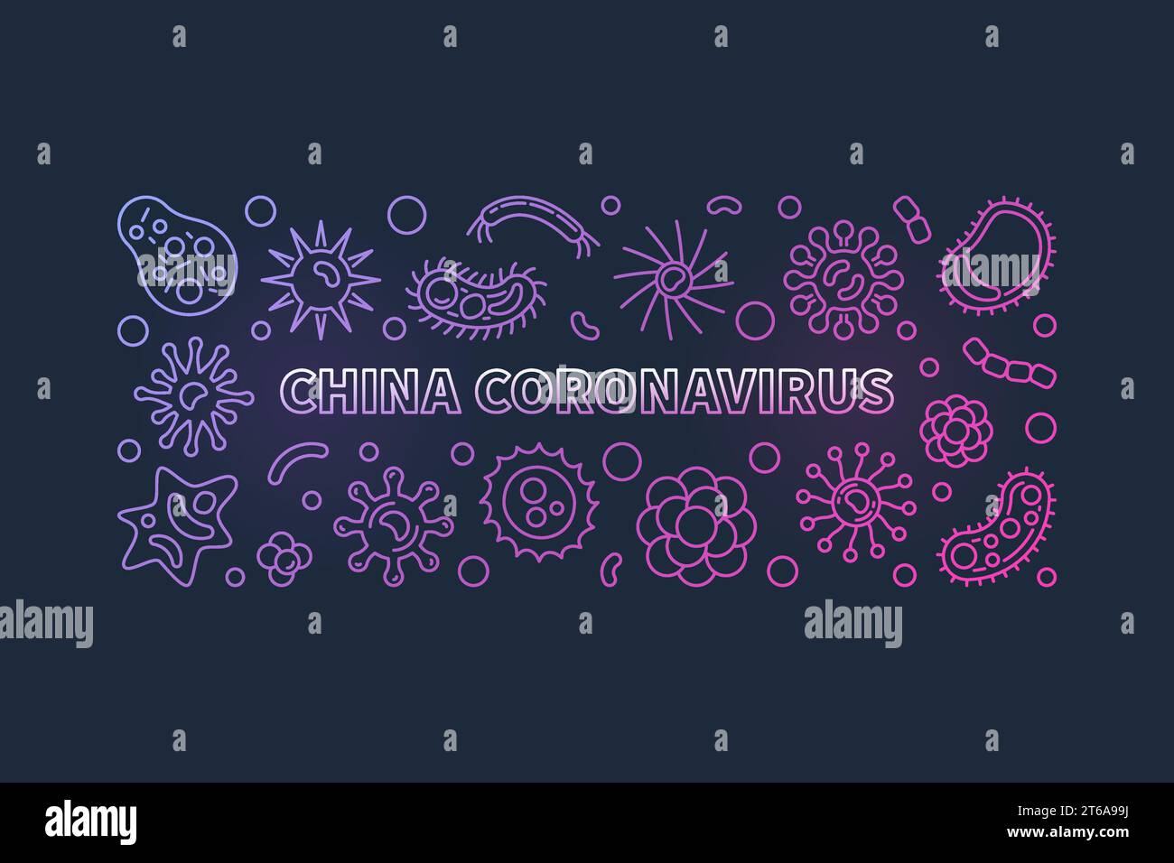 China Coronavirus vector concept colored thin line horizontal illustration on dark background Stock Vector