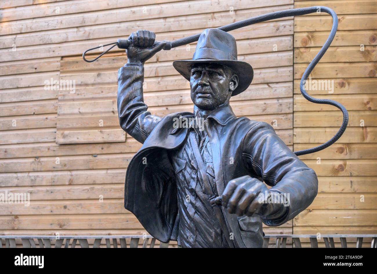 London, UK. Statue (by Fred Tucker, 2023) of Indiana Jones (Harrison Ford) in Leicester Square, part of the Scenes In The Square statue trail Stock Photo