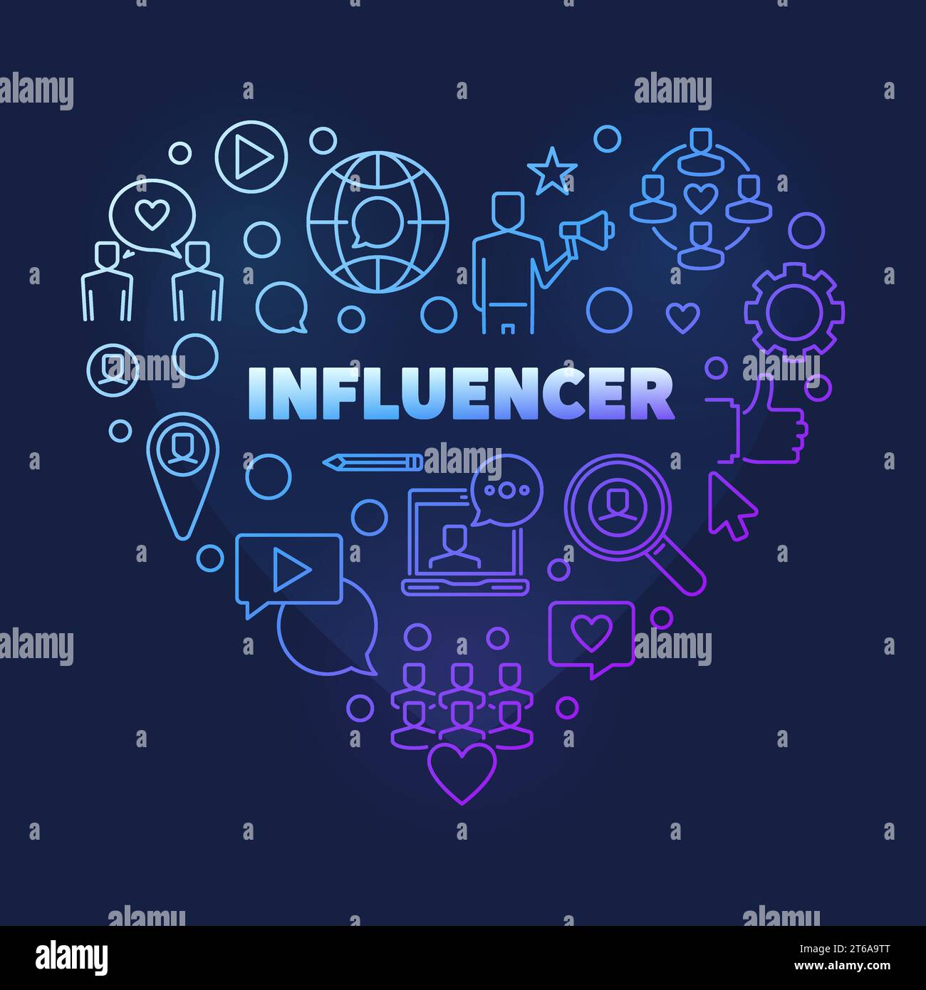 Influencer Heart vector concept colored thin line illustration on dark ...