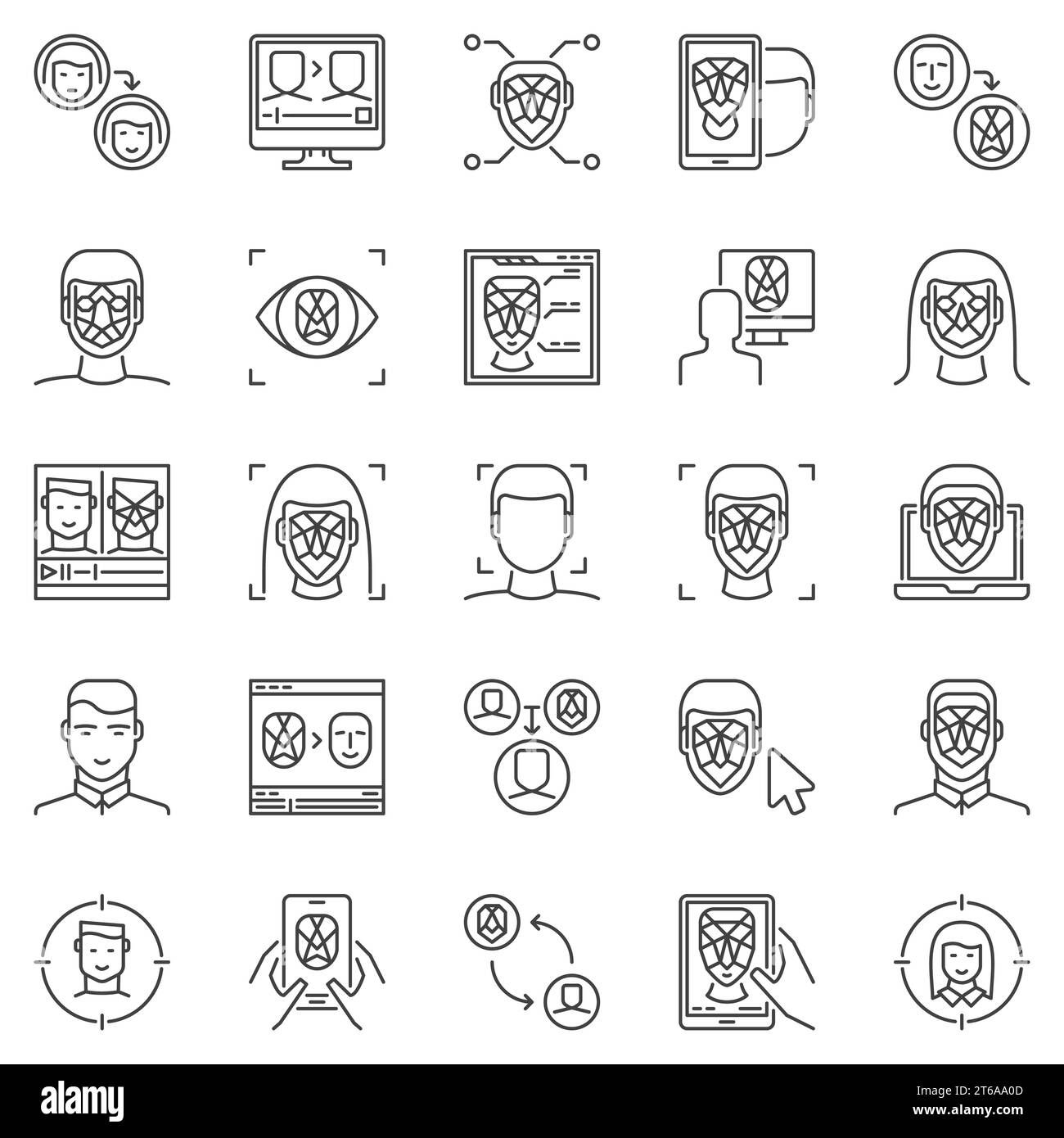 Face Recognition and Authentication outline icons set. Vector Deepfake technology concept symbols. Facial Recognition and verification linear signs Stock Vector