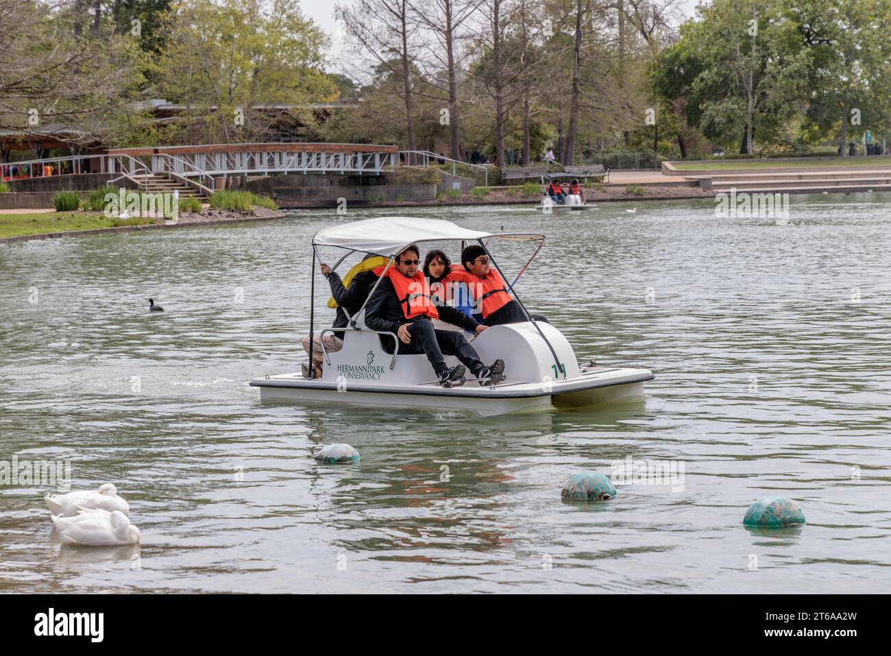 Young family piloting a pedal boat on Lake McGovern at Hermann Park in