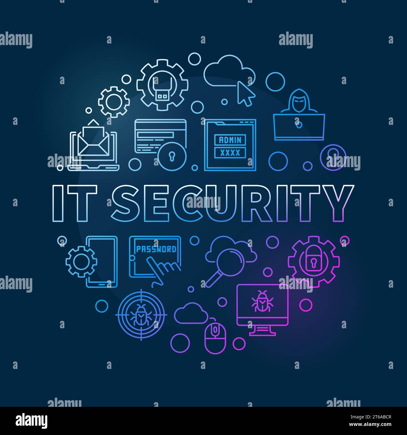 Vector IT Security round concept linear colored illustration on dark background Stock Vector