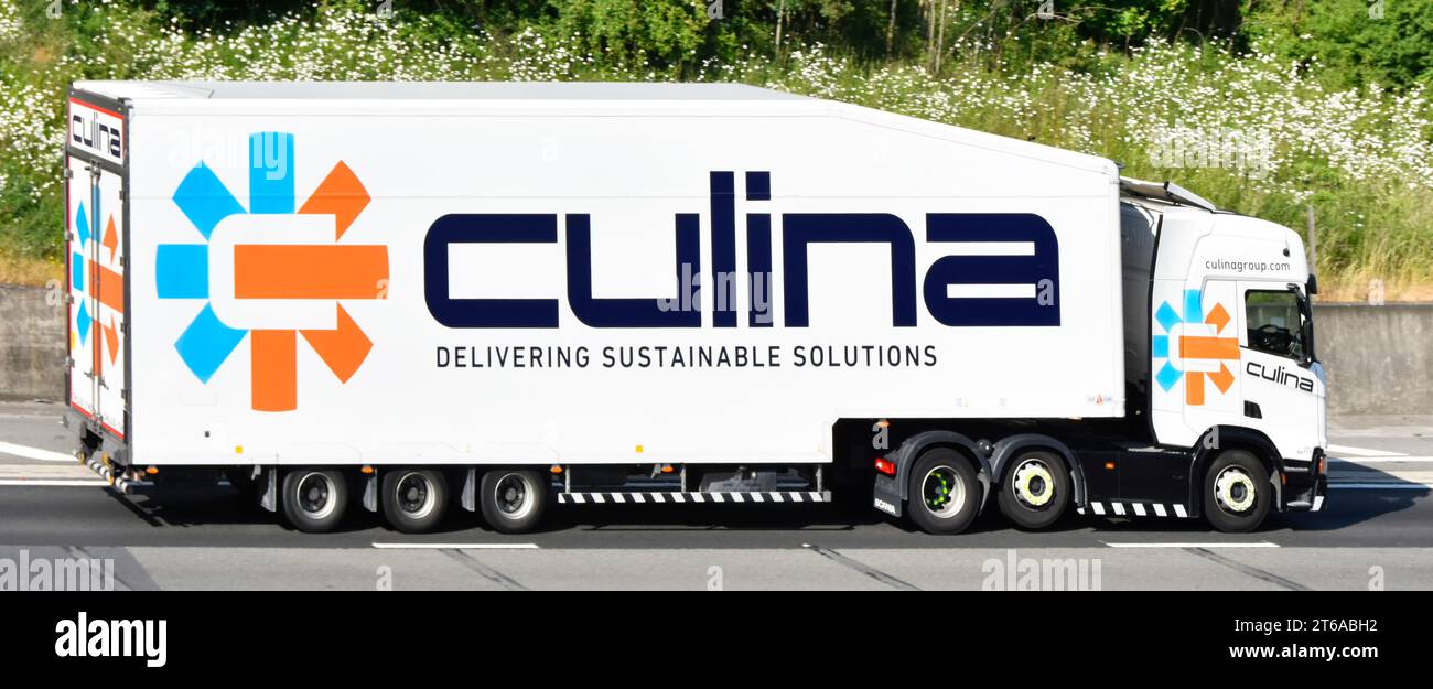 Culina bold promotion its own Delivering Sustainable Solutions transport logistics business side view streamlined lorry truck semi trailer vehicle UK Stock Photo