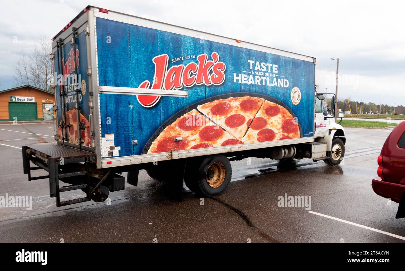 Jack's pizza delivery truck in the parking lot. Danbury Wisconsin WI USA Stock Photo