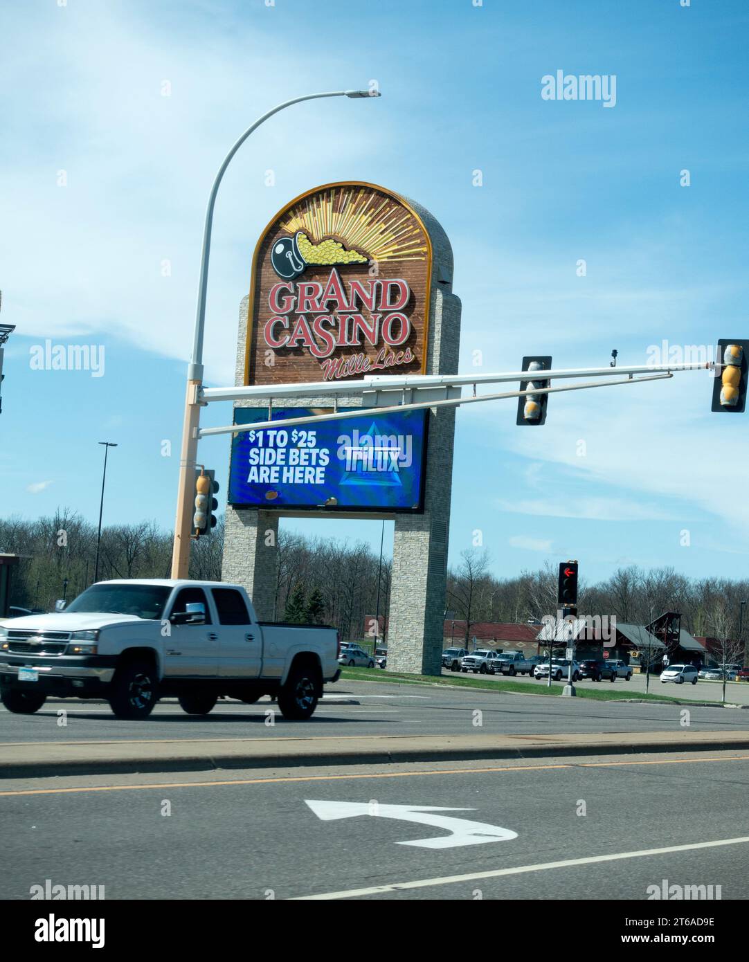 Pickup truck driving past the entrance to Grand Casino Mille Lacs. Onamia Minnesota MN USA Stock Photo