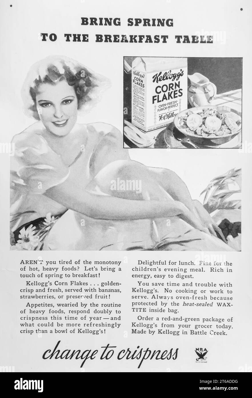 1934 Kellogg's Corn Flakes ad. 'Change to crispness.' Stock Photo