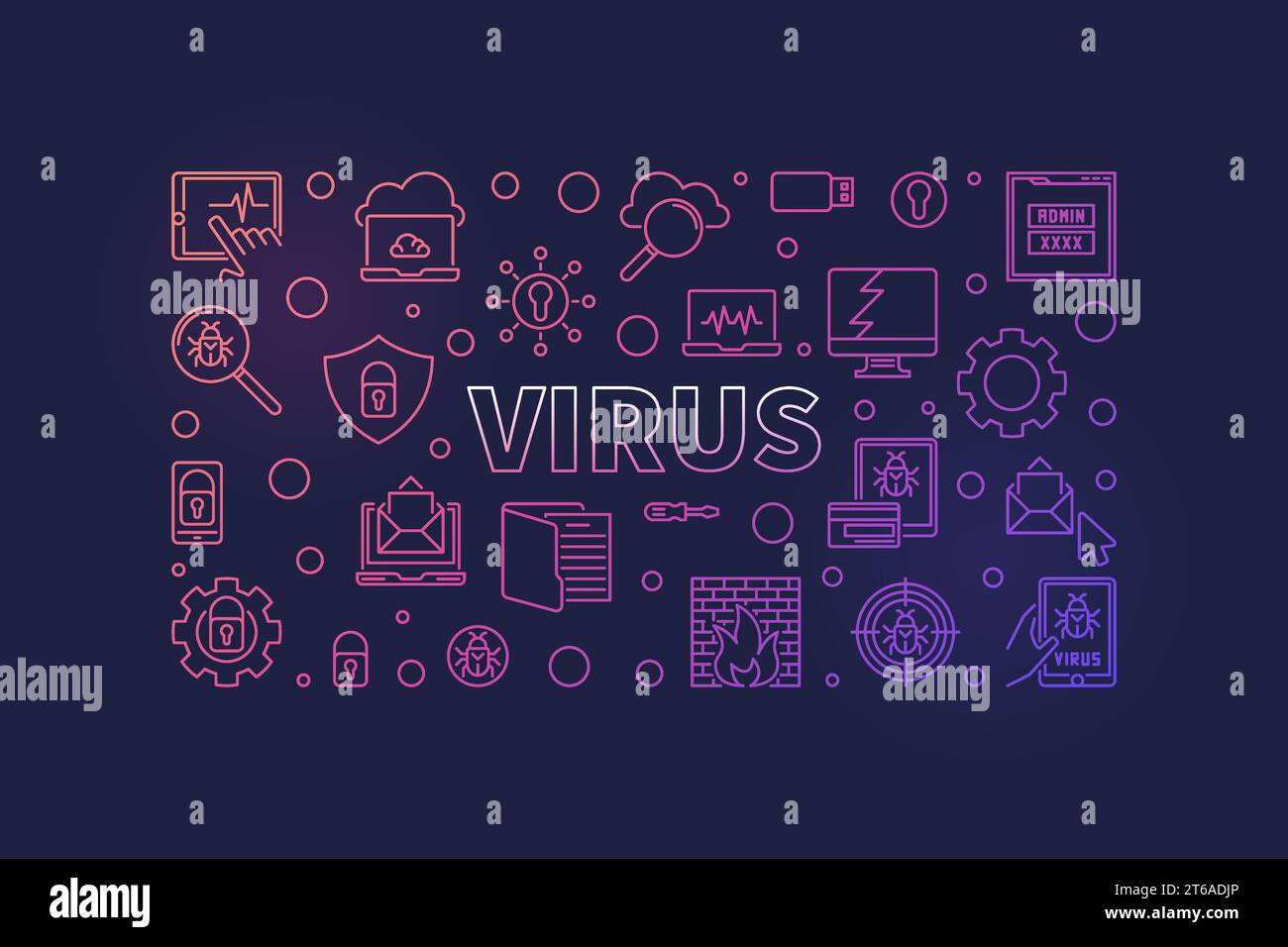 Computer Virus vector concept outline horizontal illustration or banner on dark background Stock Vector