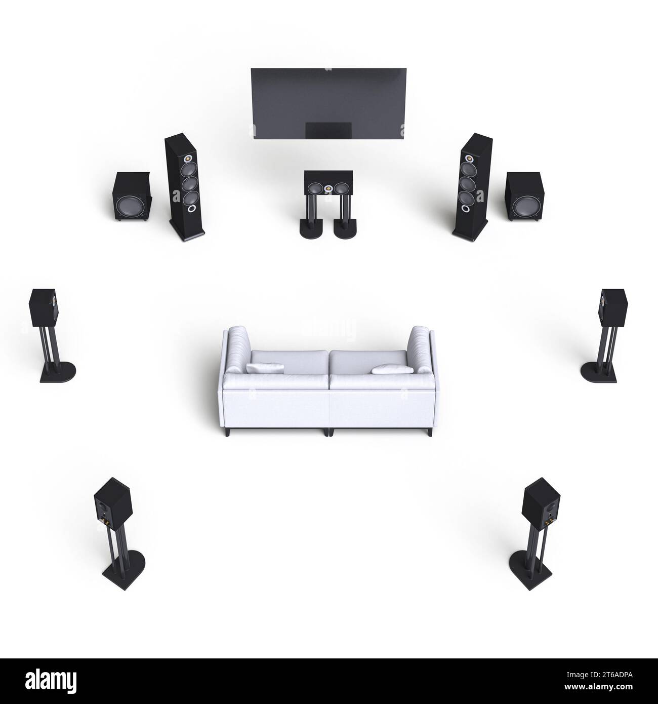 home theatre entertainment system and sofa on a white background. 3d