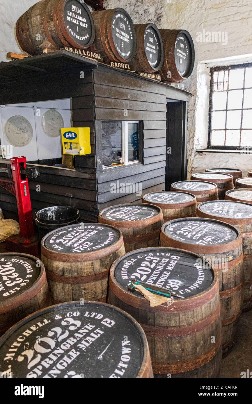 Whisky barrels at Springbank Distillery producing single malt whisky at Campbeltown on the Kintyre Peninsula, Argyll & Bute, Scotland UK Stock Photo