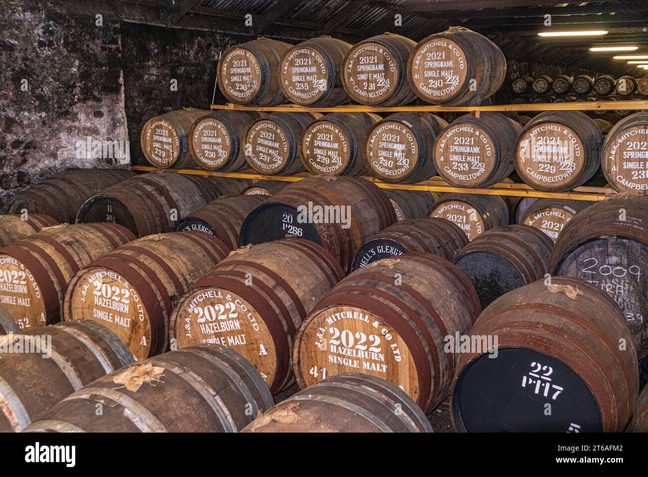 Whisky barrels at Springbank Distillery producing single malt whisky at Campbeltown on the Kintyre Peninsula, Argyll & Bute, Scotland UK Stock Photo