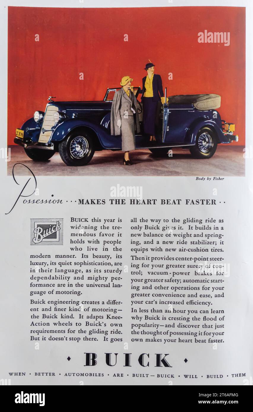 1934 Buick Body by Fisher Ad. "Possession makes the heart beat faster." Stock Photo