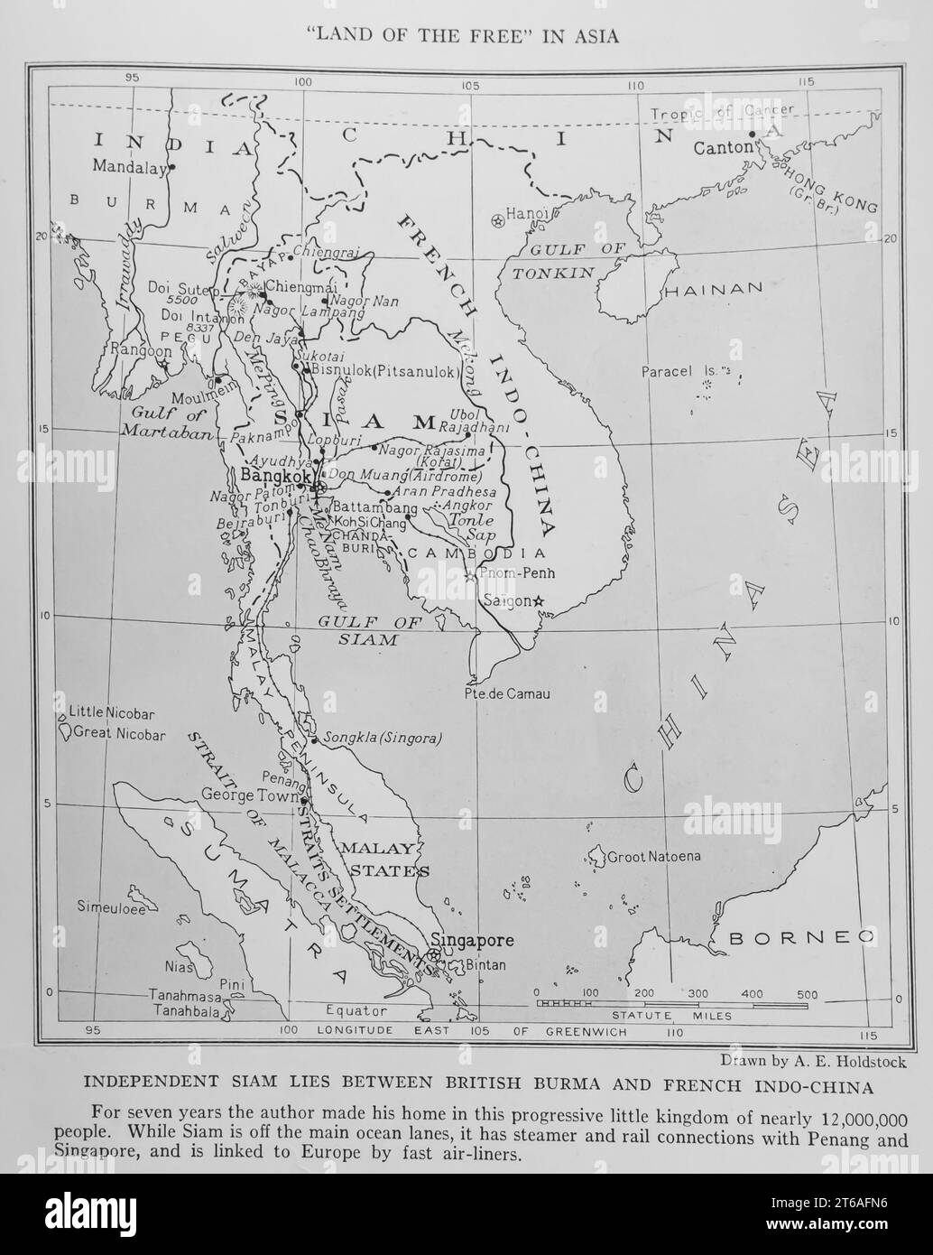 1934 Siam, Land of the Free in Asia Map published in National Geographic magazine Stock Photo