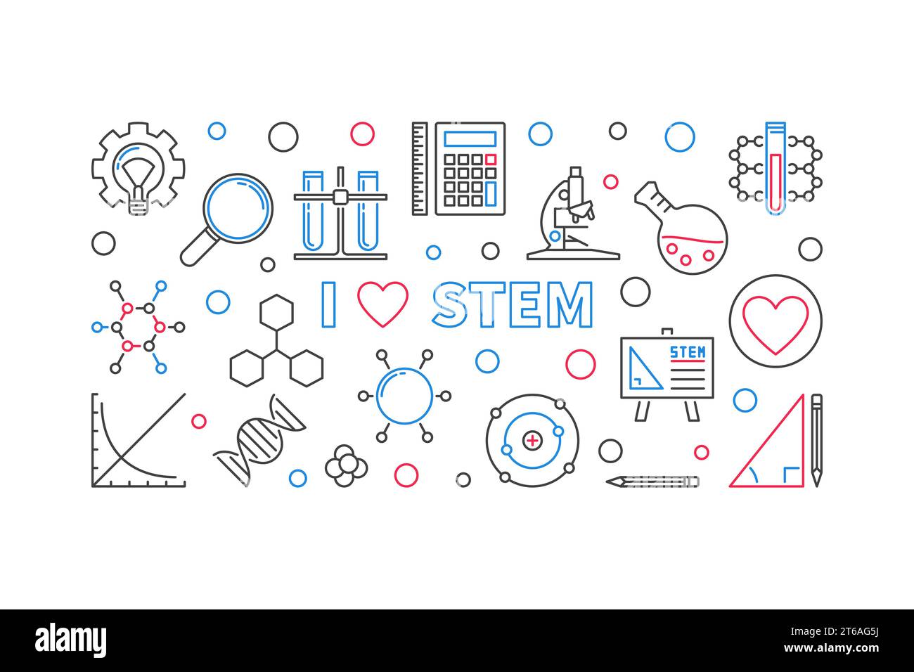 I Love STEM vector concept horizontal banner or illustration in outline ...