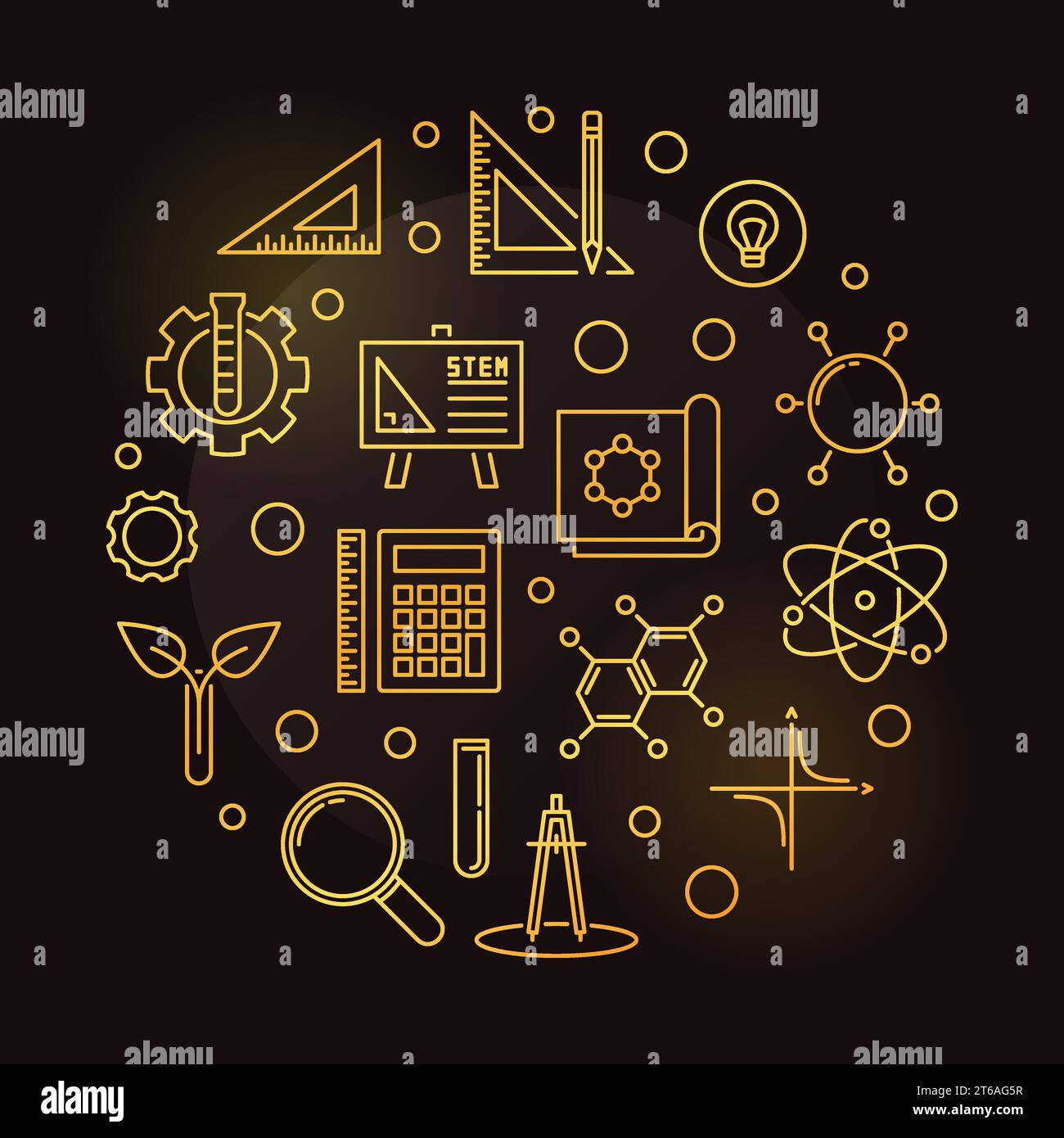 STEM vector concept golden round outline illustration on dark ...