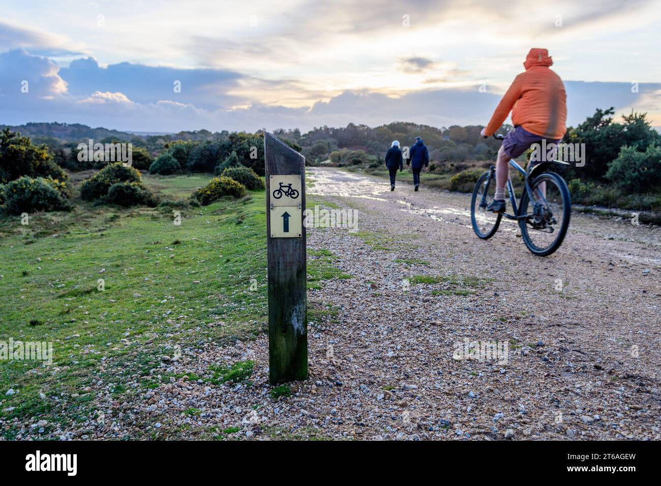 Hampton Ridge, Frogham, New Forest, Hampshire, UK, 9th November 2023: Weather. Shower clouds at dusk and wet under foot and wheel for walkers and a cyclist. The gravel path to or from Fritham is one of several designated cycle routes in the national park. Credit: Paul Biggins/Alamy Live News Stock Photo