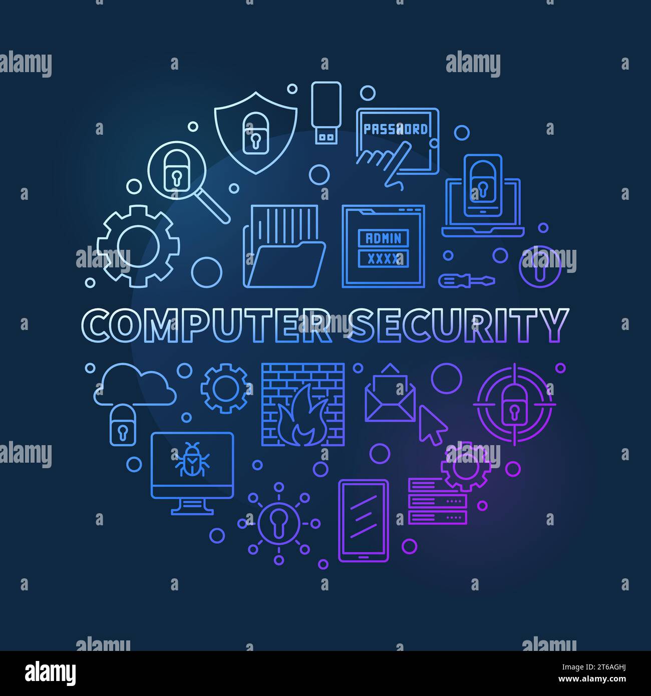 Computer Security circular vector concept thin line colored ...