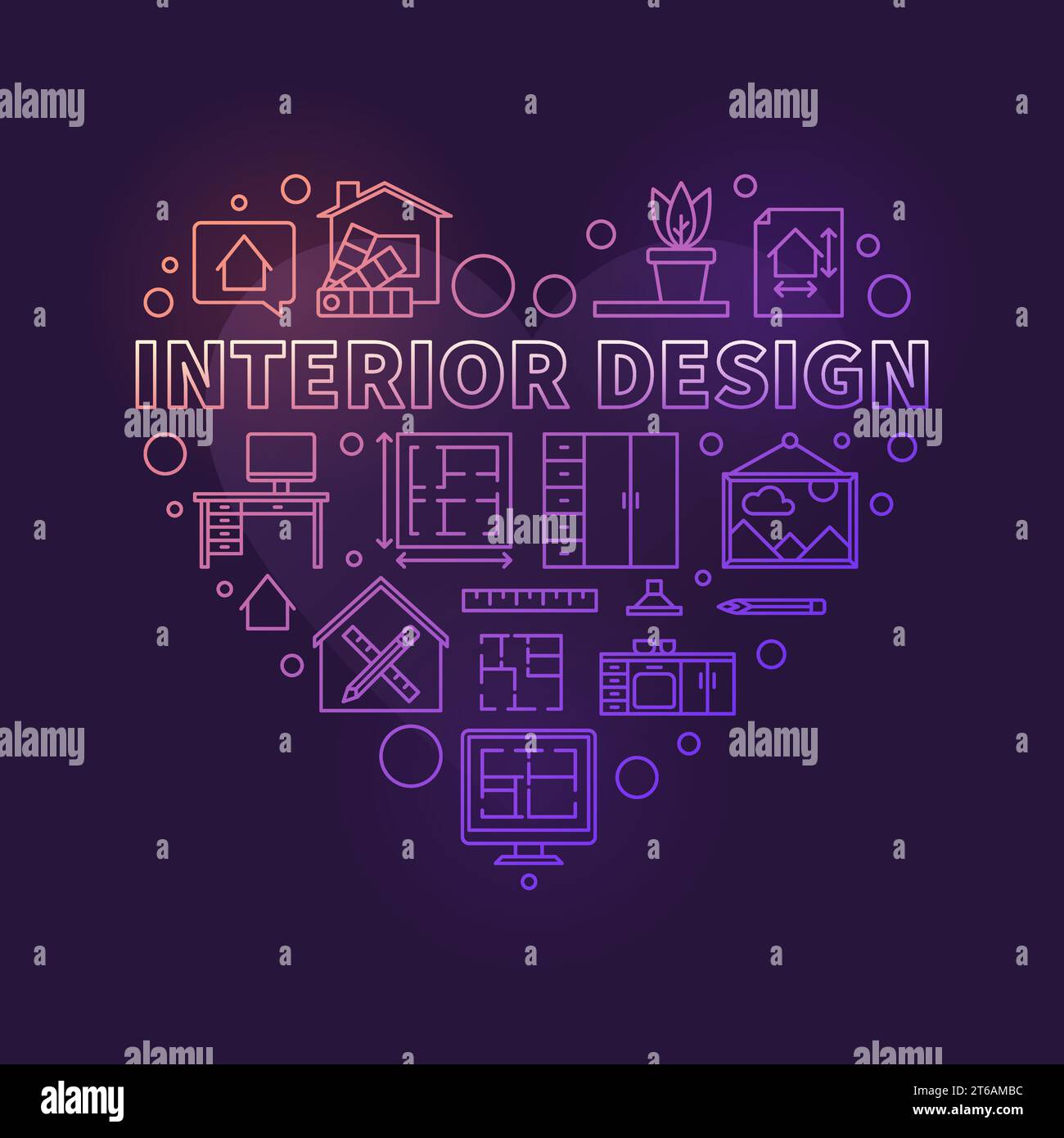 Interior Design vector concept colorful modern heart shaped thin line ...