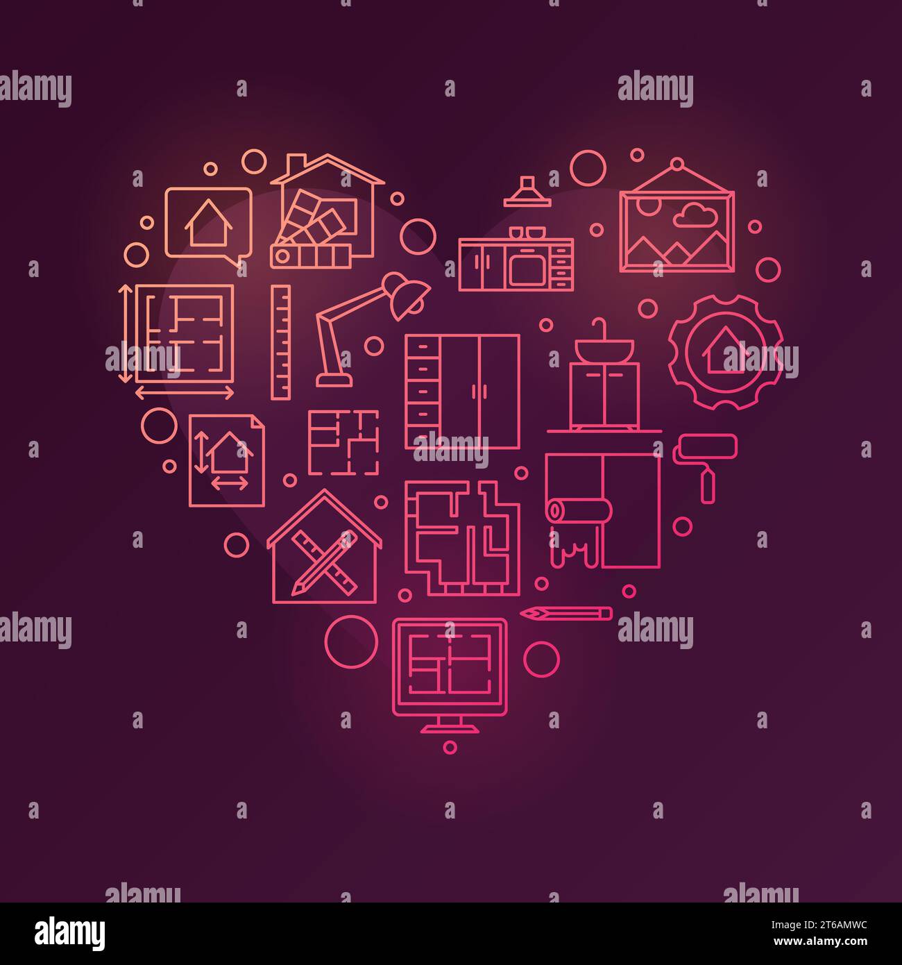 Home Interior Design vector concept linear red heart shaped ...