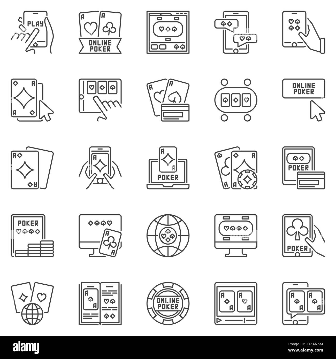 Online Poker outline icons set - vector Internet Card Game concept signs in thin line style Stock Vector