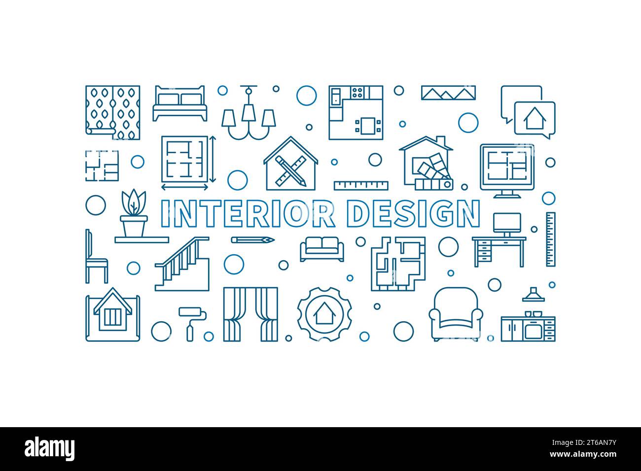 Interior Design vector concept horizontal linear blue illustration or ...