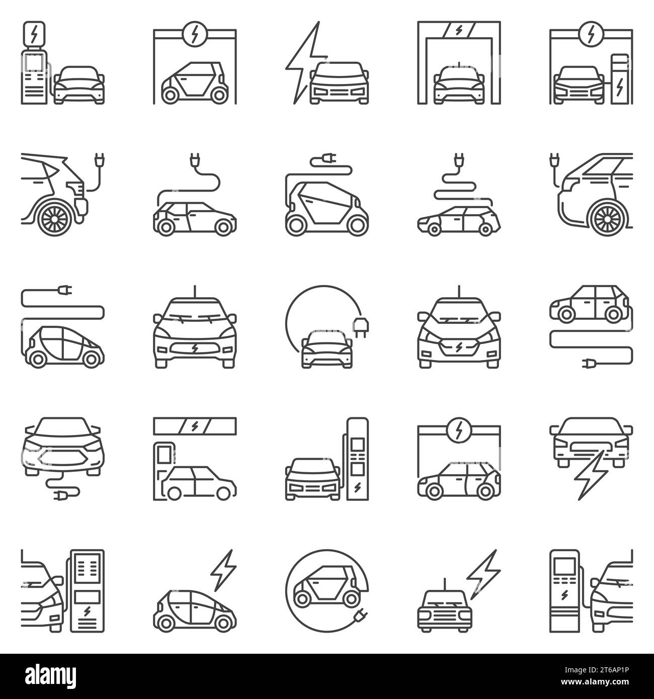 Electric Vehicle outline icons set. EV and Charging Station concept vector linear symbols or
