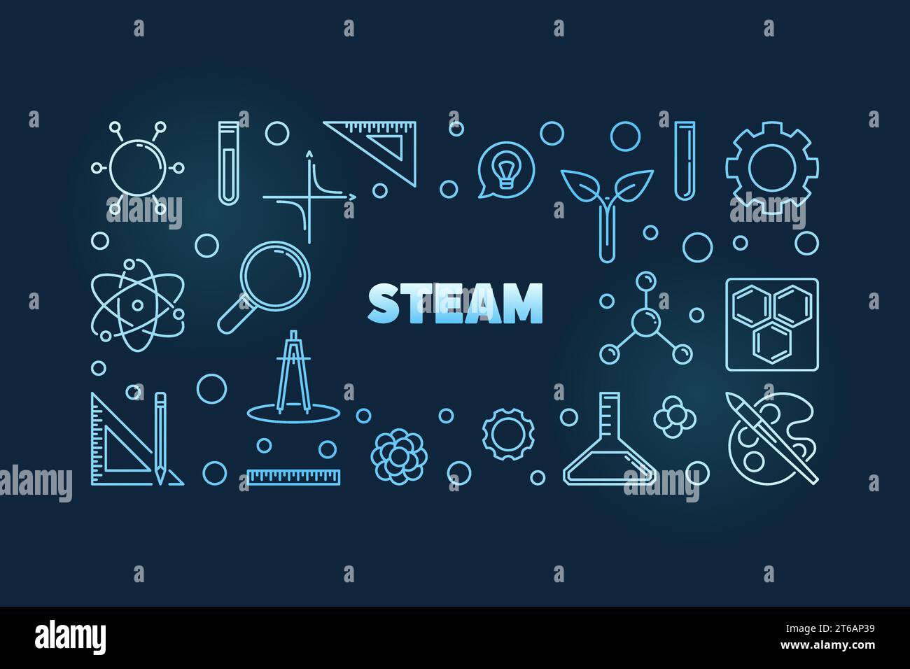STEAM vector concept linear blue horizontal illustration on dark background Stock Vector