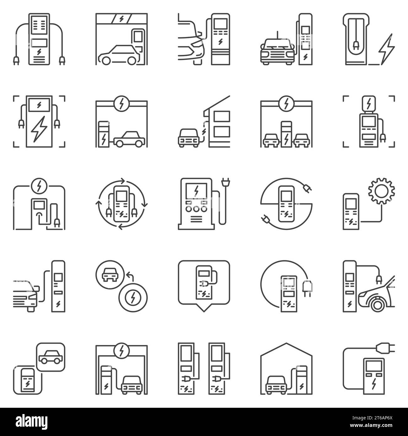 Electric Vehicle Charging Station outline concept icons set. Vector charge point and electric vehicles line symbols or design elements Stock Vector