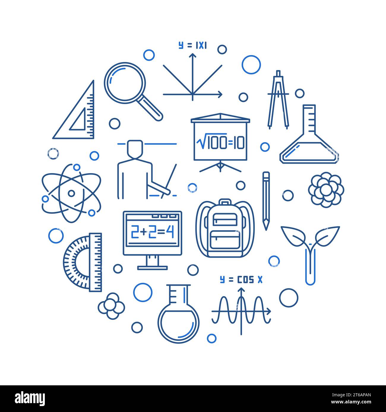 School and Education vector concept round blue linear illustration on white background Stock Vector