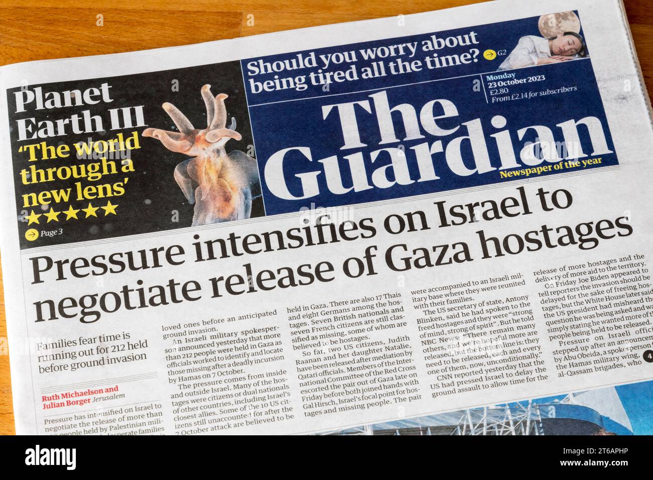 23 Oct 2023.  Guardian headline reads Pressure intensifies on Israel to negotiate release of Gaza hostages. Stock Photo