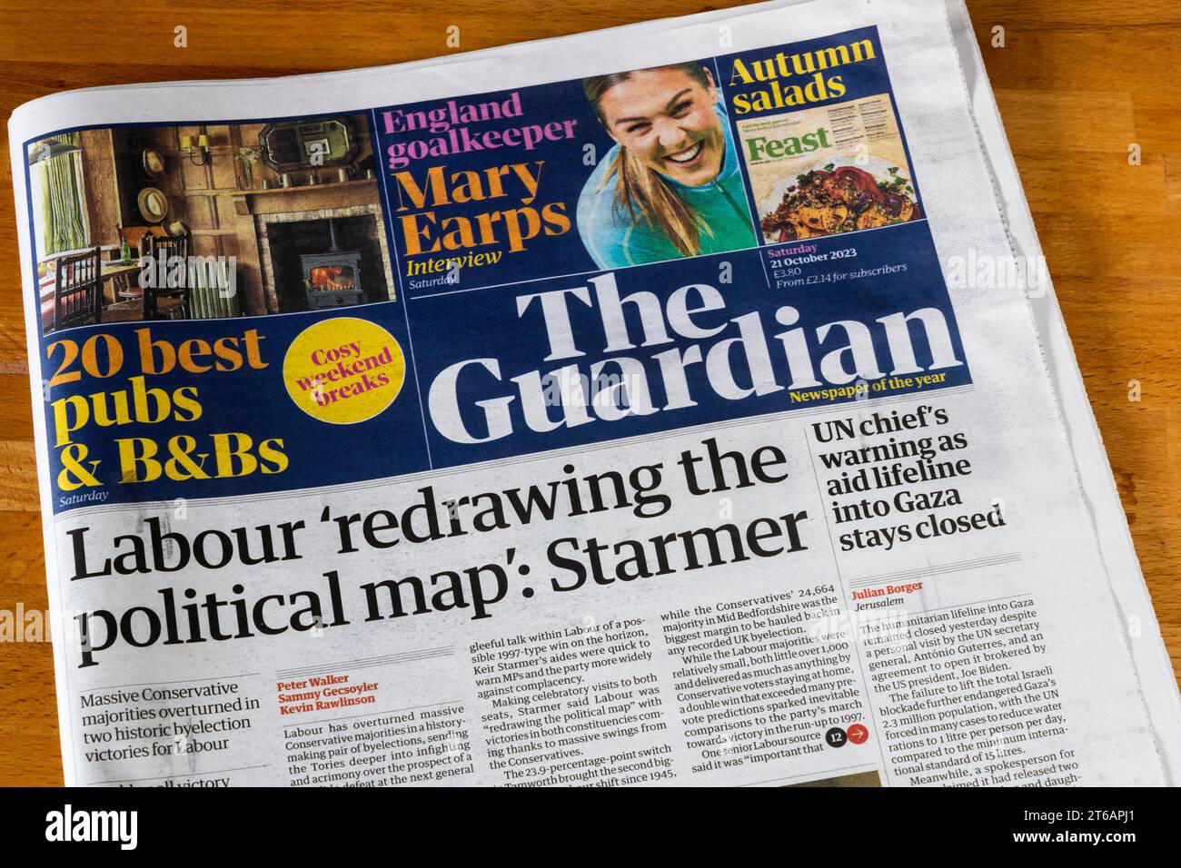 21 October 2023.  The Guardian headline reads Labour 'redrawing the political map': Starmer. Stock Photo