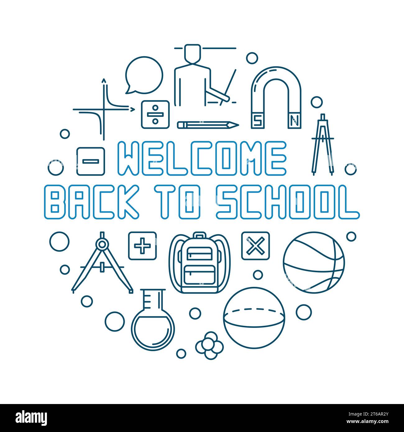 Welcome Back to School vector concept round outline blue illustration ...