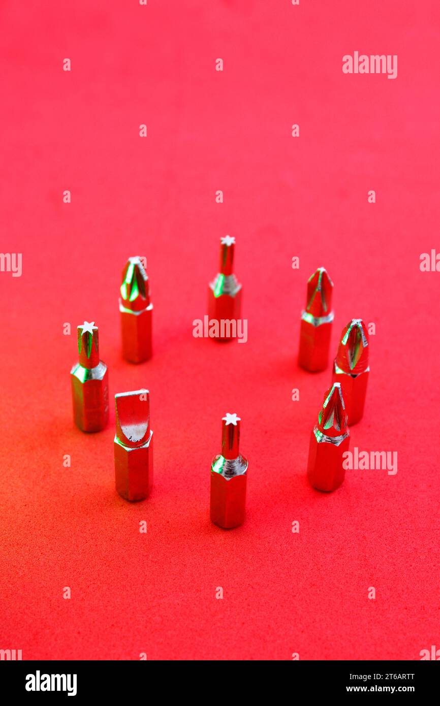 Set of drill bits with different shapes forming a circle Stock Photo